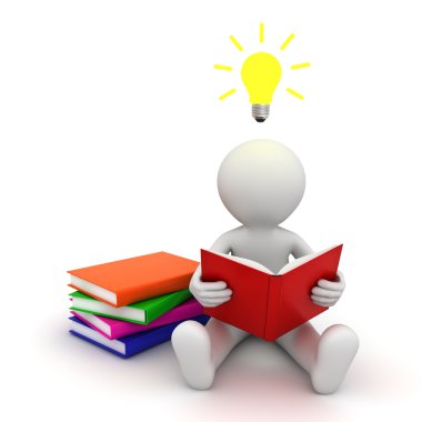 katta oturan ve başının üzerinde fikir ampul ile kitap okuma 3d adam
