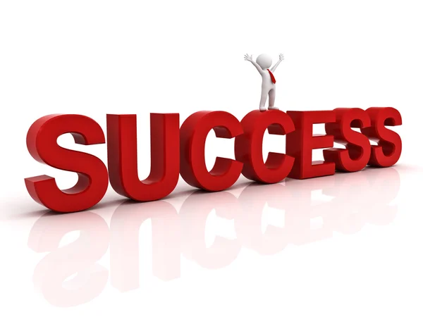 Success in business concept happy 3d man standing on top of the word success — Stock Photo, Image