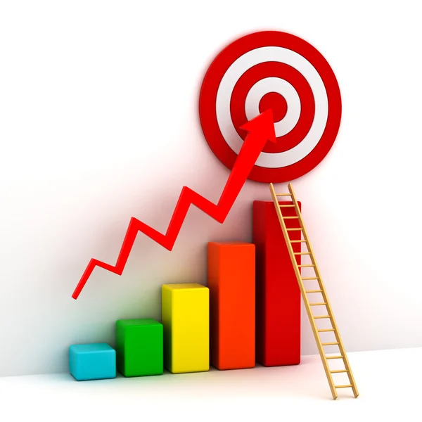 Business target marketing concept , 3d business graph with red rising arrow to the red target and wood ladder — Stock Photo, Image