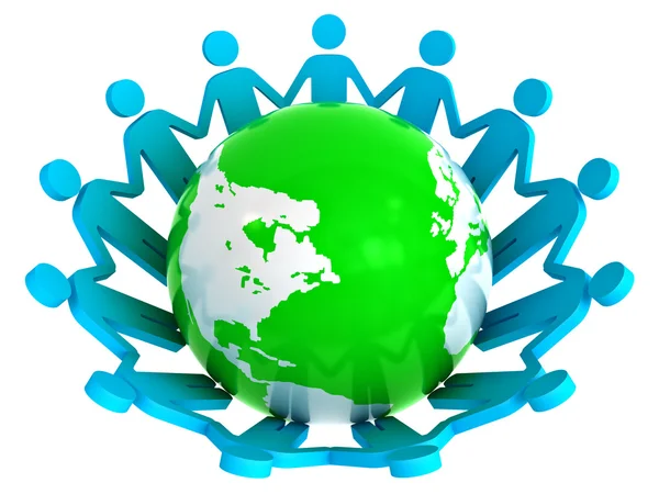 Skupina drží za ruce kolem zelené globe — Stock fotografie