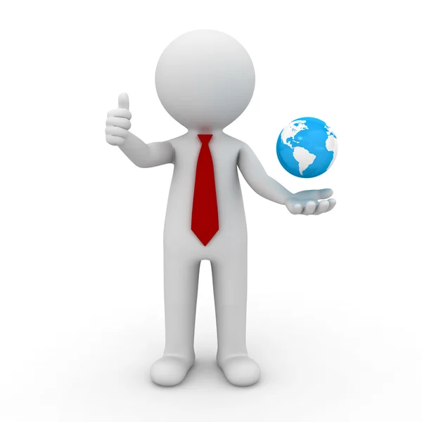 3d business man showing thumbs up with globe in his hand — Stock Photo, Image