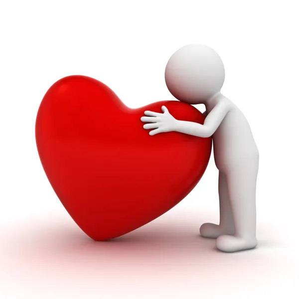 3d человек обнимает красное сердце на белом фоне — стоковое фото