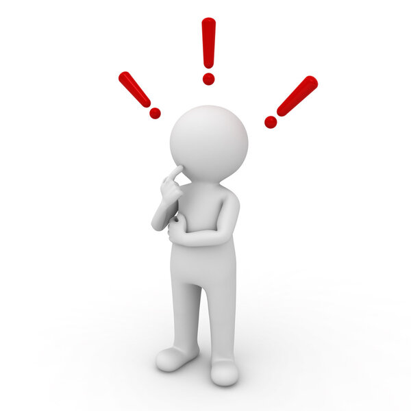 3d человек с красными восклицательными знаками над головой на белом фоне
