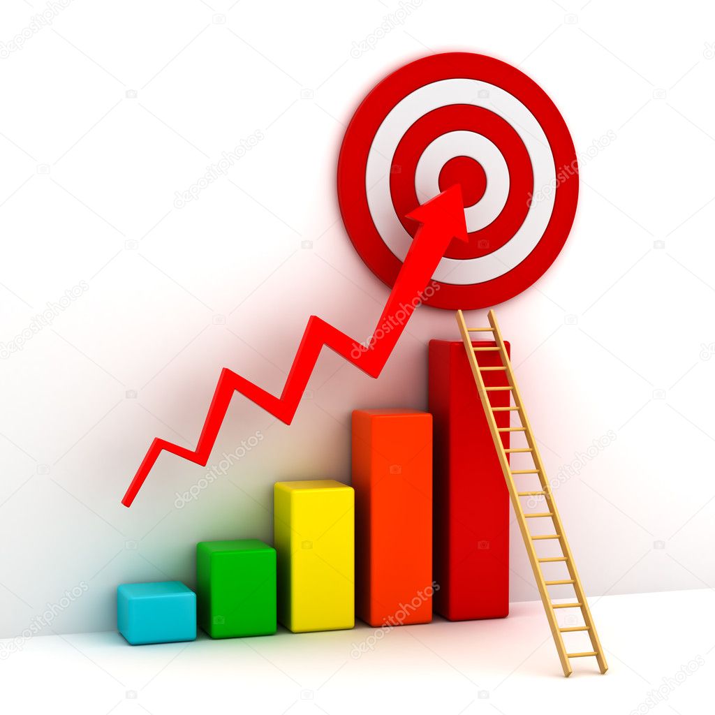 Business target marketing concept , 3d business graph with red rising arrow to the red target and wood ladder