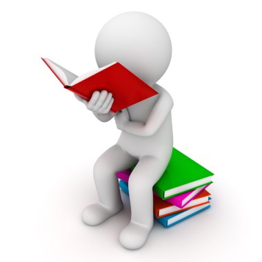 kitap ve kitap okumak bir yığın üzerinde beyaz oturan 3d adam