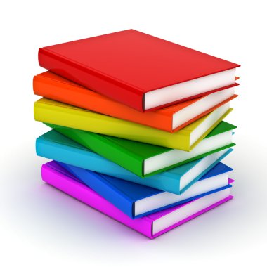 Stack of colorful books over white