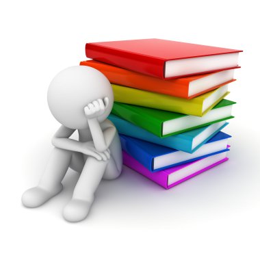 kitap yığını ile beyaz oturup endişeli 3d adam