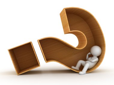 3d man sitting in wooden question mark box over white clipart