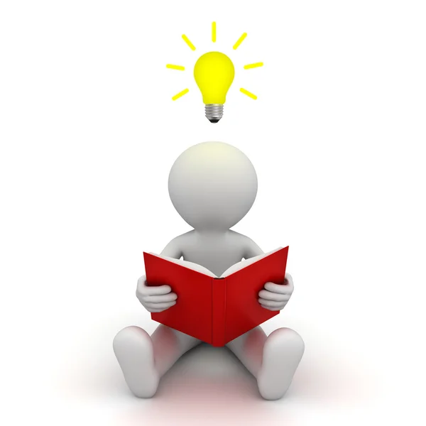 3d man sitting on the floor and reading a book with idea bulb above his head over white — Stock Photo, Image