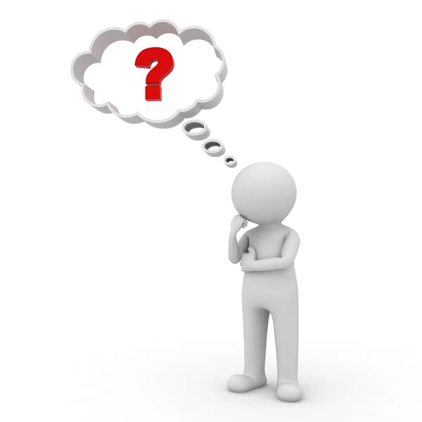 3d man thinking with red question mark in thought bubble above his head over white — Stock Photo, Image