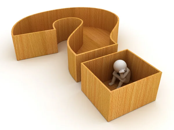 3d man sitting in question mark crate on white — Zdjęcie stockowe