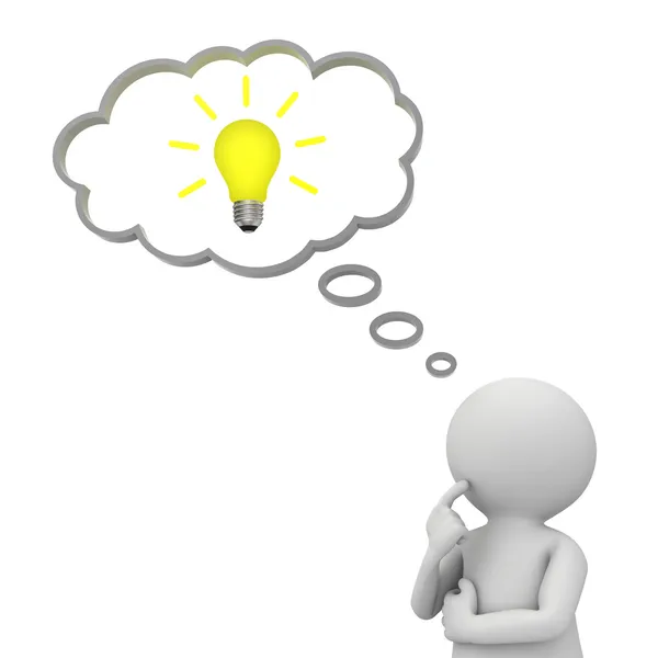 3d man thinking with idea bulb in thought bubble above his head over white — Stock Photo, Image