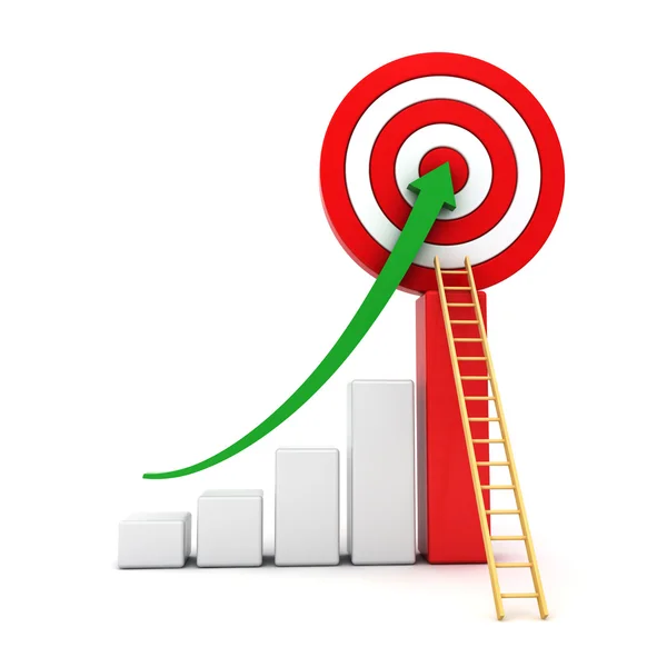 Business graph with green rising arrow moving up to the center of red target with wood ladder concept isolated over white — Stock Photo, Image