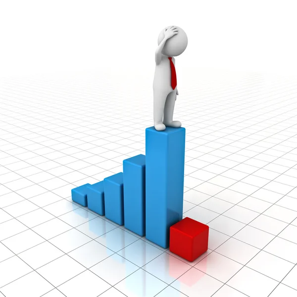 Homem 3D em pé no topo do gráfico de negócios de crescimento e olhando para gráfico de barras vermelhas — Fotografia de Stock
