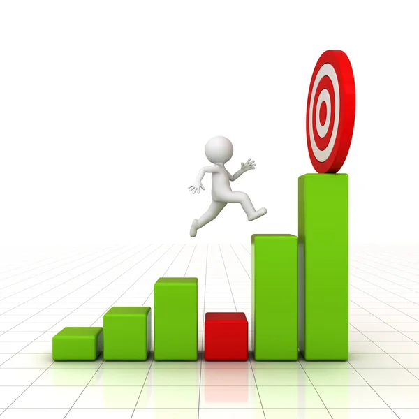 Homem 3D saltando através do problema para seu objetivo de sucesso no gráfico de negócios sobre fundo branco — Fotografia de Stock