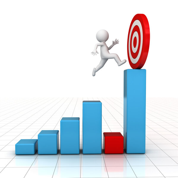 3D Man jumping across the problem to his successful goal on business graph