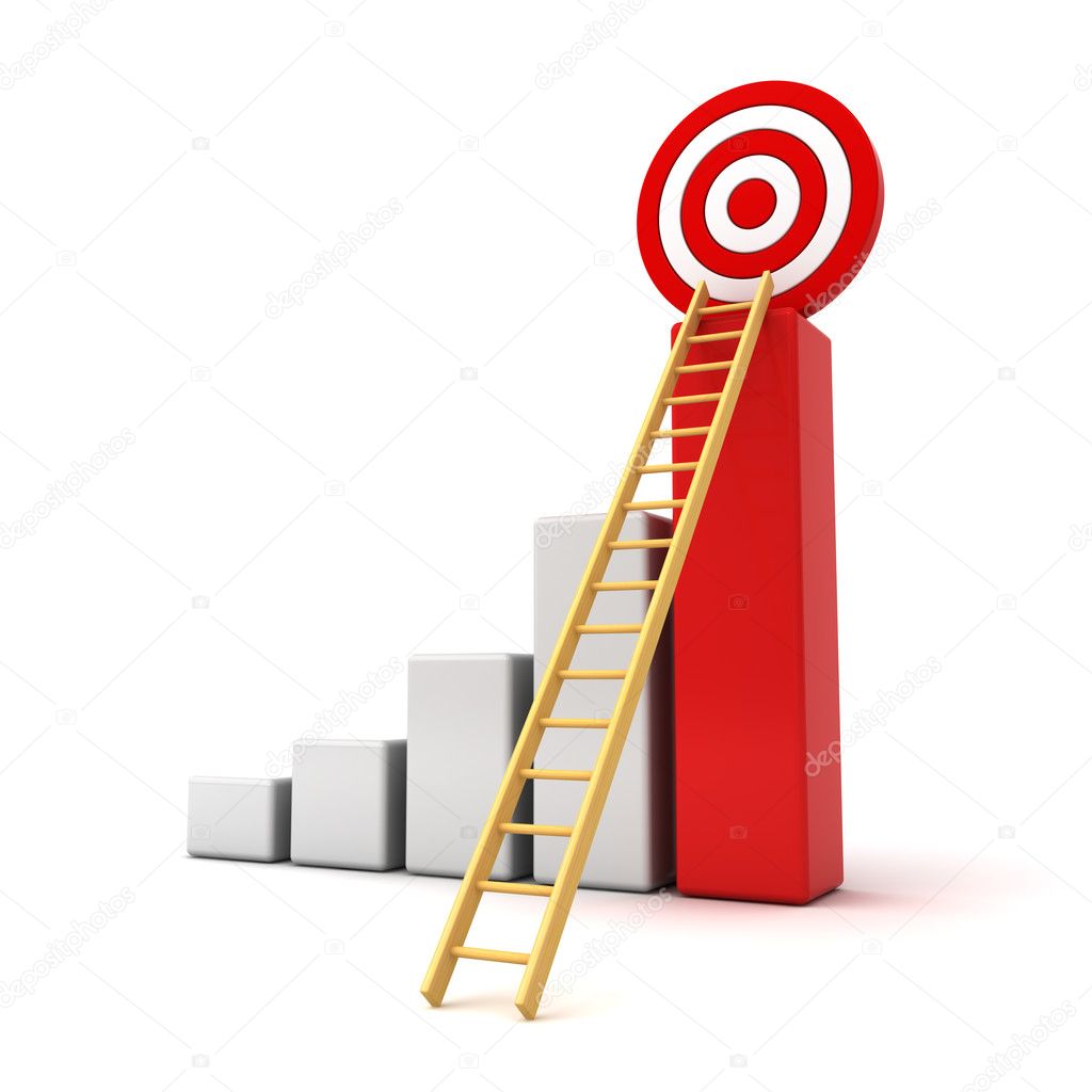 Business target concept , 3d business graph with wood ladder to the red target isolated over white