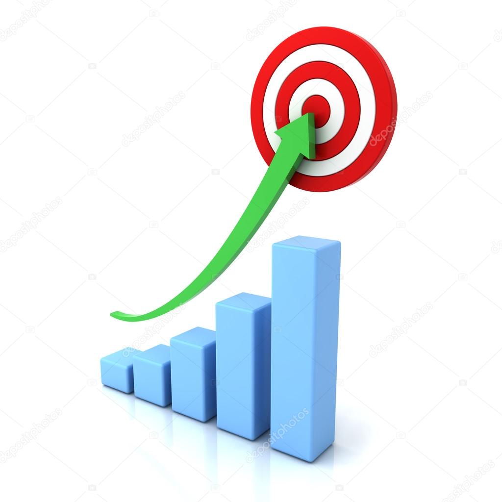 Business graph with green rising arrow and red target isolated over white background