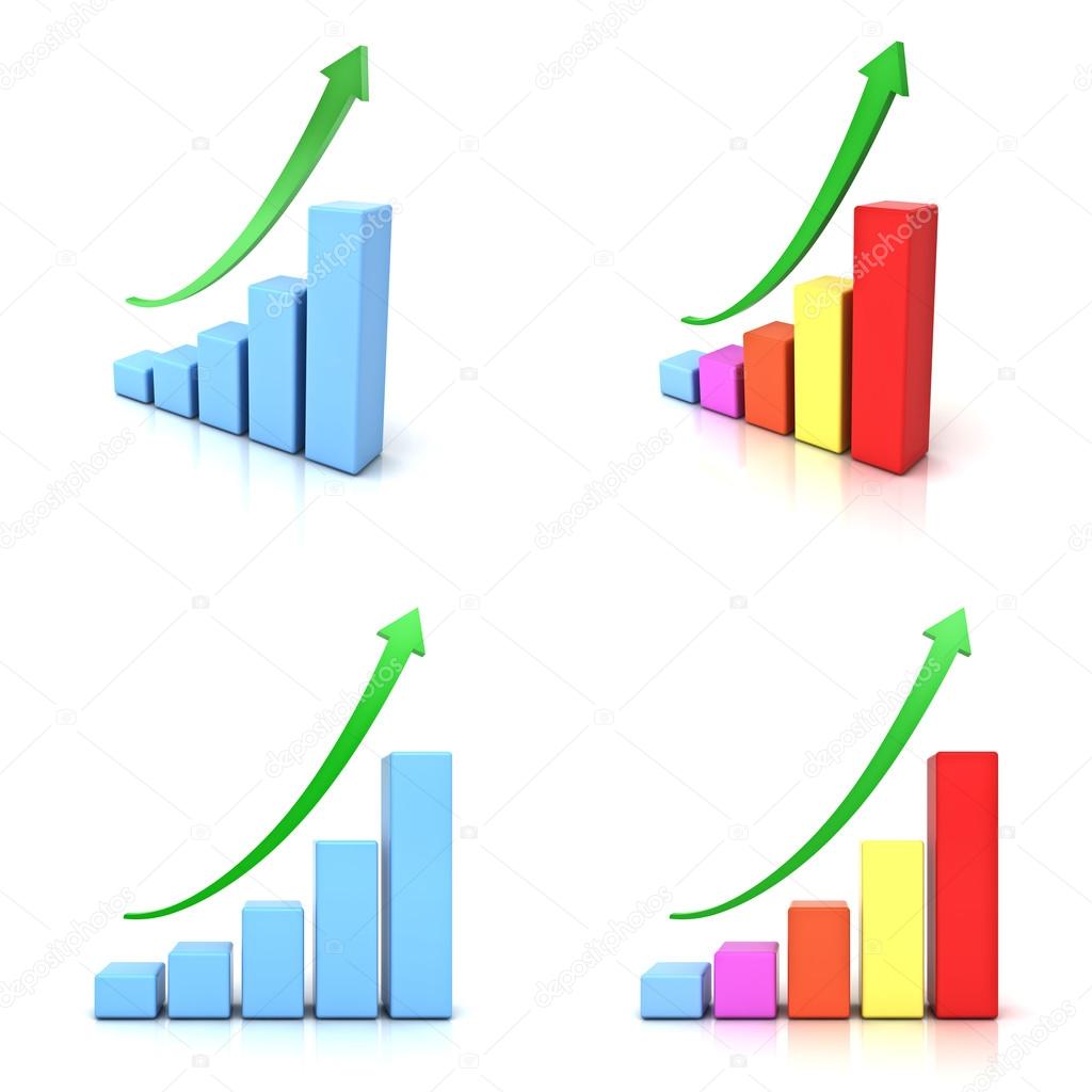 Business graphs with green rising arrow isolated over white background