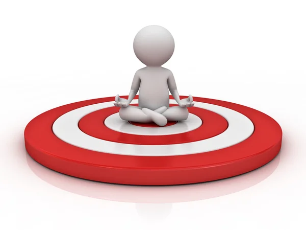 3d man doing meditation on red target isolated over white background with reflection — Stock Photo, Image