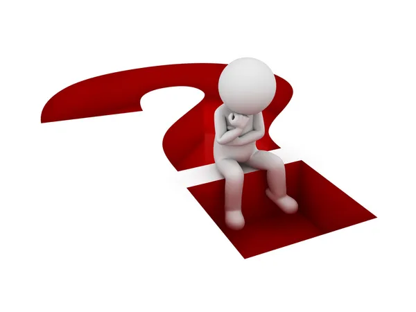 3d man sitting and thinking on red question mark hole isolated over white — Stock Photo, Image
