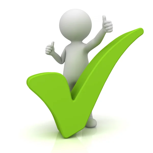 3d man showing thumbs up with green check mark over white — Stock Photo, Image