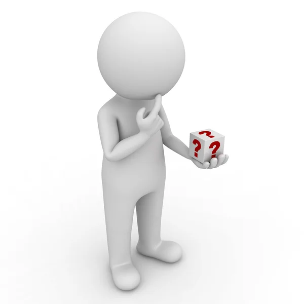 3d man looking at question box in his hand and thinking isolated over white — Stock Photo, Image