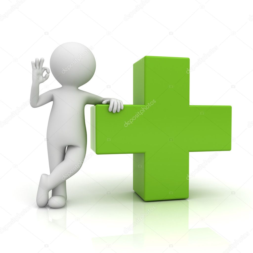 3d man showing okay gesture with green plus sign isolated over white background