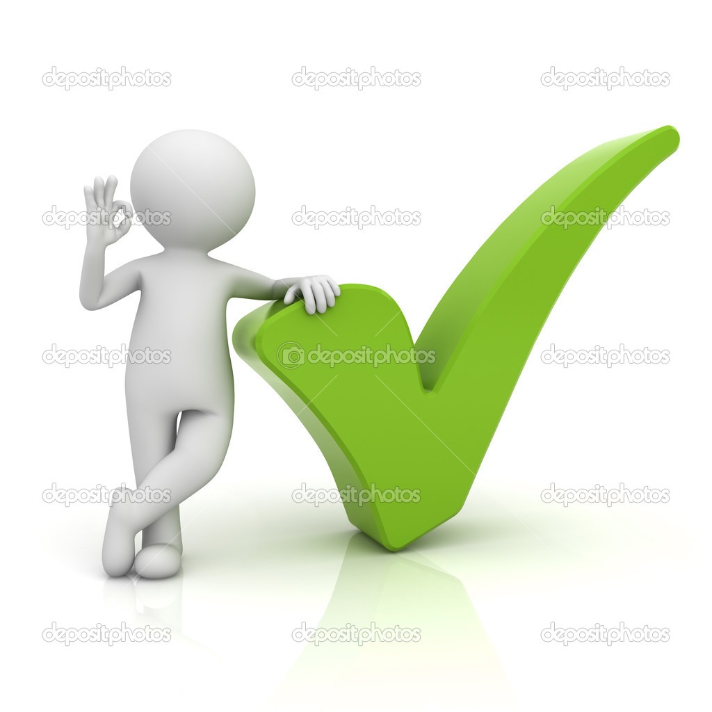 3d man showing okay gesture with green check mark isolated over white background