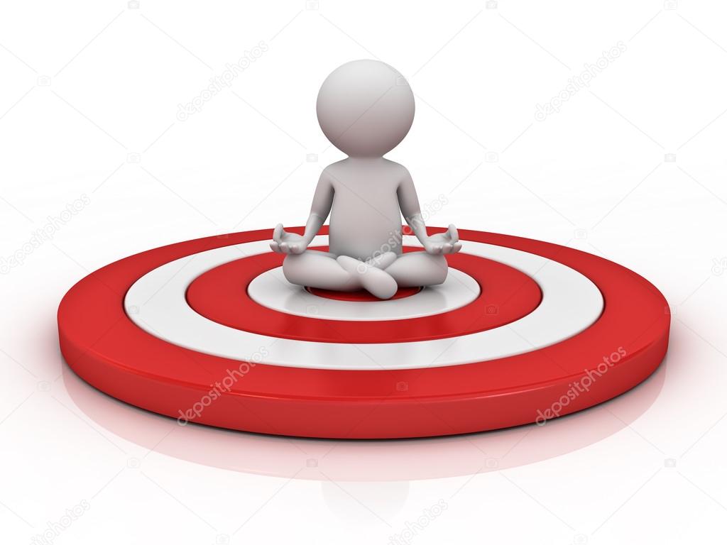 3d man doing meditation on red target isolated over white background with reflection