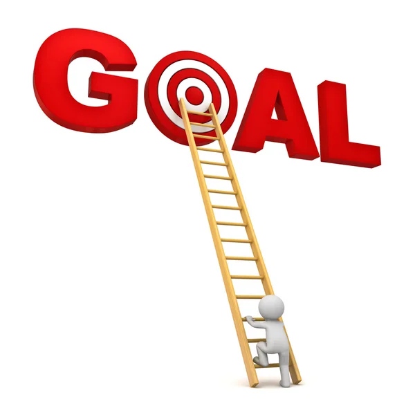 3d man climbing ladder to the red target in word goal isolated over white background — Stock Photo, Image