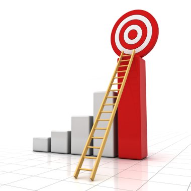 iş hedef kavramı, beyaz arka plan üzerinde izole kırmızı hedefte Ahşap merdiven ile 3d iş grafiği
