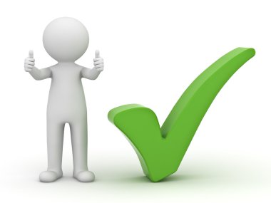 3d man showing thumbs up with green check mark on white clipart