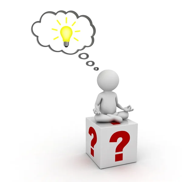 3d man sitting on question marks box and thinking with idea bulb in thought bubble above his head isolated over white — Stock Photo, Image