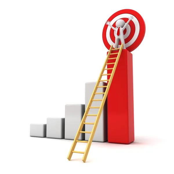 3d человек стоит с распростертыми объятиями на вершине роста бизнес красный бар график с деревянной лестницей изолированы над белым, бизнес-концепция — стоковое фото