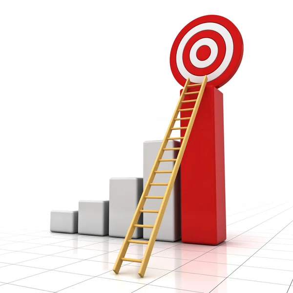 Conceito de alvo de negócios, gráfico de negócios 3d com escada de madeira para o alvo vermelho isolado sobre fundo branco — Fotografia de Stock