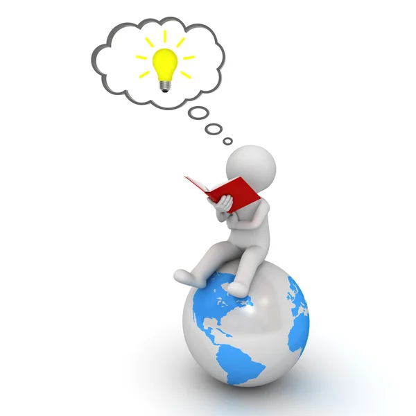 3d man reading a book on blue globe and thinking with idea bulb in thought bubble over white — Stock Photo, Image