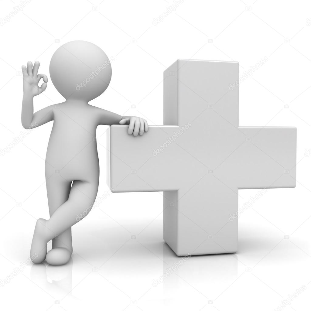 3d man showing okay gesture with white plus sign isolated over white background