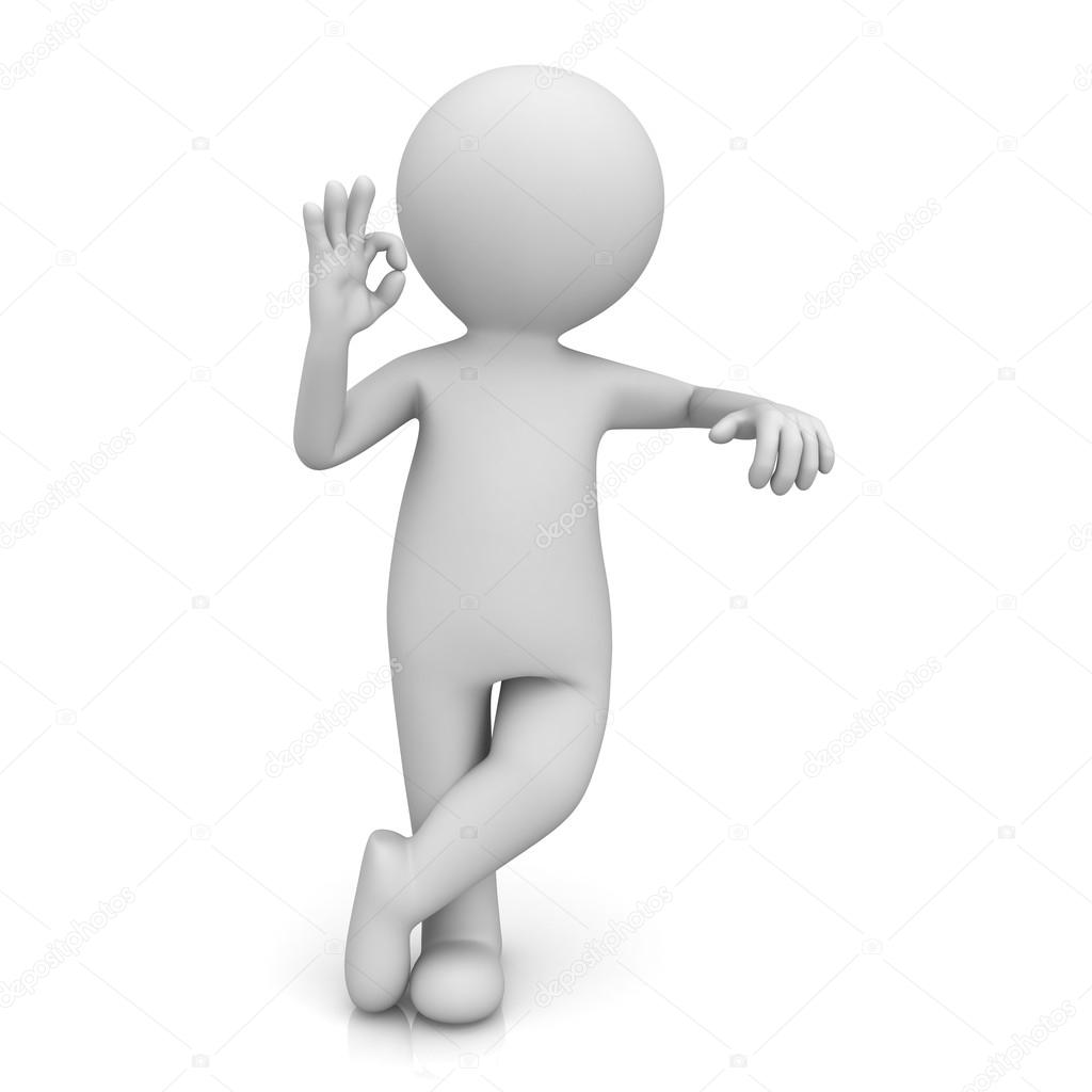 3d man leaning on something and showing okay hand gesture isolated over white