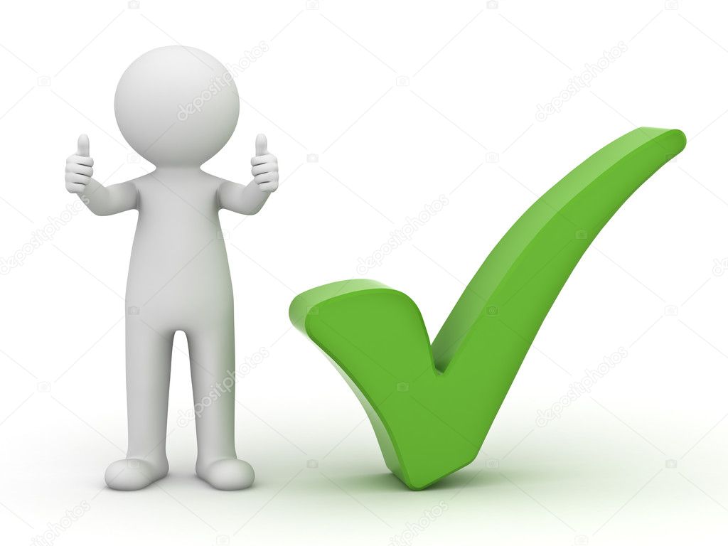 3d man showing thumbs up with green check mark on white