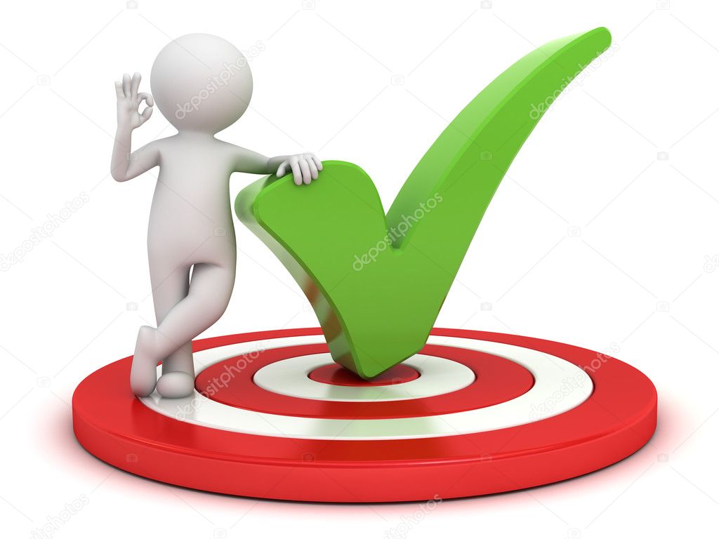 3d man showing okay hand gesture with green check mark standing on dartboard isolated over white