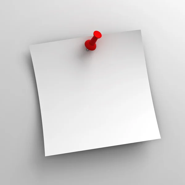 Papel de nota pegajoso branco com pino vermelho no fundo branco — Fotografia de Stock