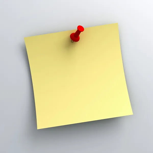 Papel de nota pegajoso amarelo com pino vermelho no fundo branco — Fotografia de Stock