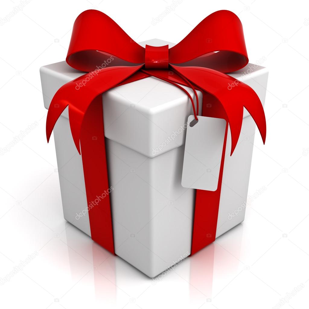 Gift box with red ribbon bow and blank tag isolated on white background