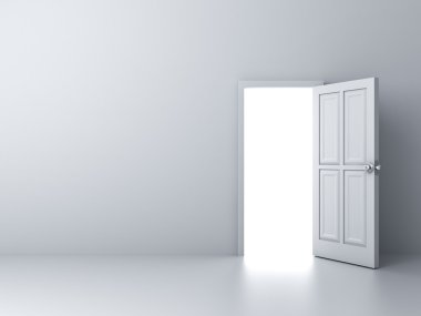 Boş beyaz duvar arka plan üzerinde parlak bir ışık ile kapıyı açtı.