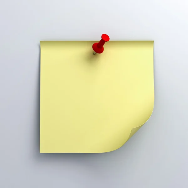 Gele kleverige nota papier met rode push pins op witte achtergrond — Stockfoto