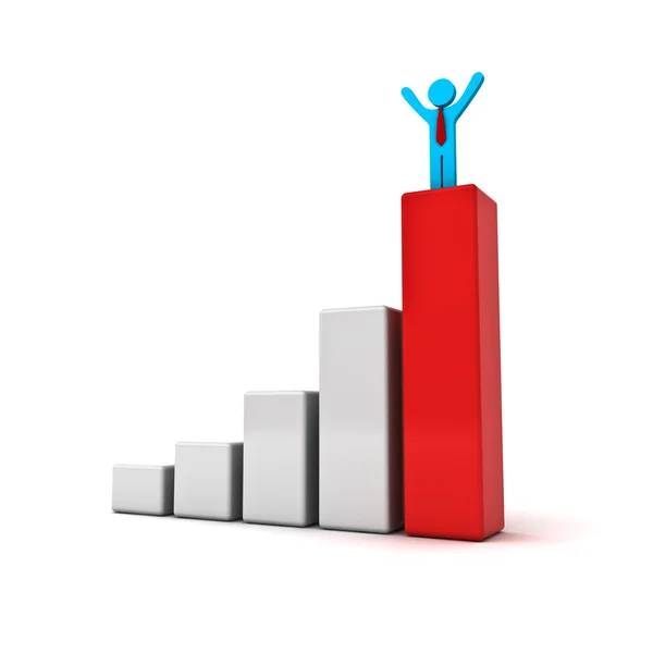 Homem de negócios de pé com os braços abertos no topo do gráfico de barras vermelhas do negócio de crescimento — Fotografia de Stock