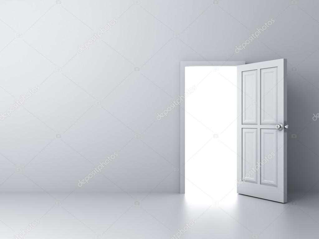 Opened door with bright light on empty white wall background