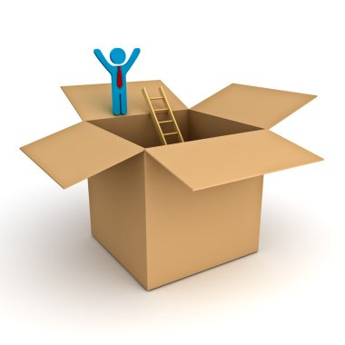 Think outside the box concept, 3d business man standing with arms wide open on top of the opened cardboard box over white