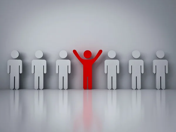 Stand out from the crowd or different concept , Red man standing with arms wide open in group — Stock Photo, Image